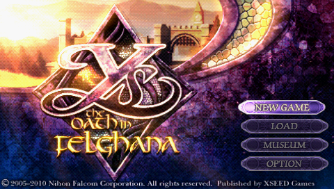 Ys: The Oath in Felghana title screen for PSP